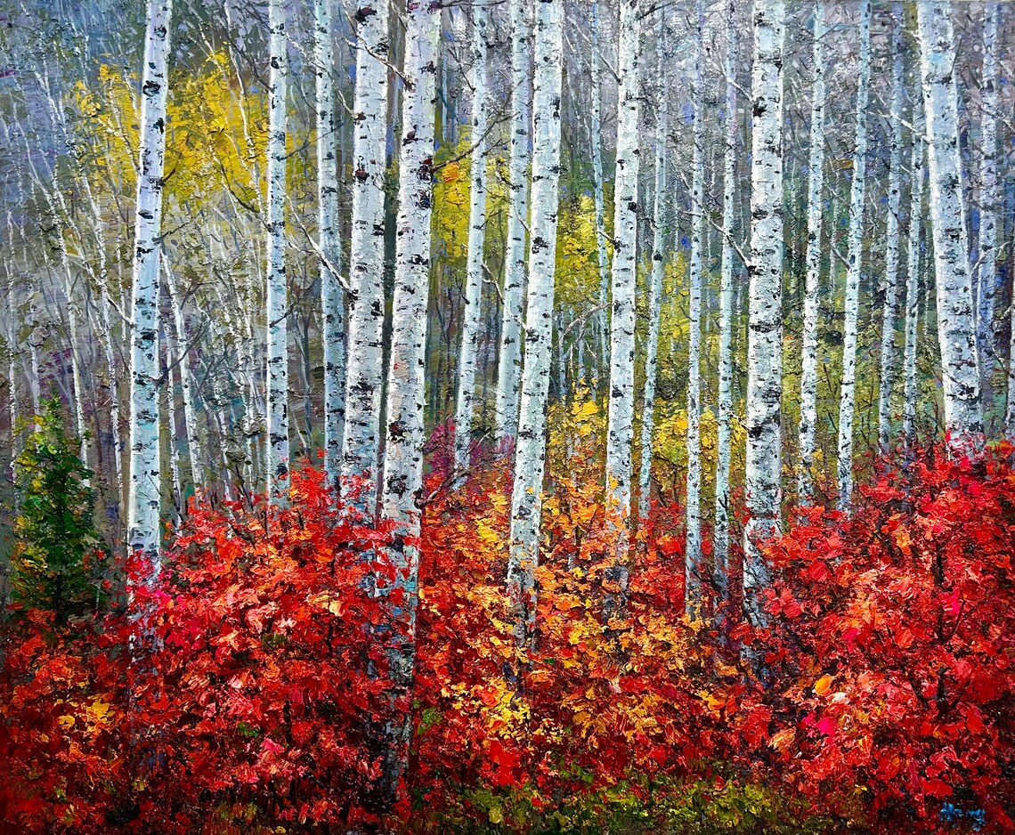 White Birch Trunks Oil Painting Red Autumn Undergrowth Texture Poster - Image 5