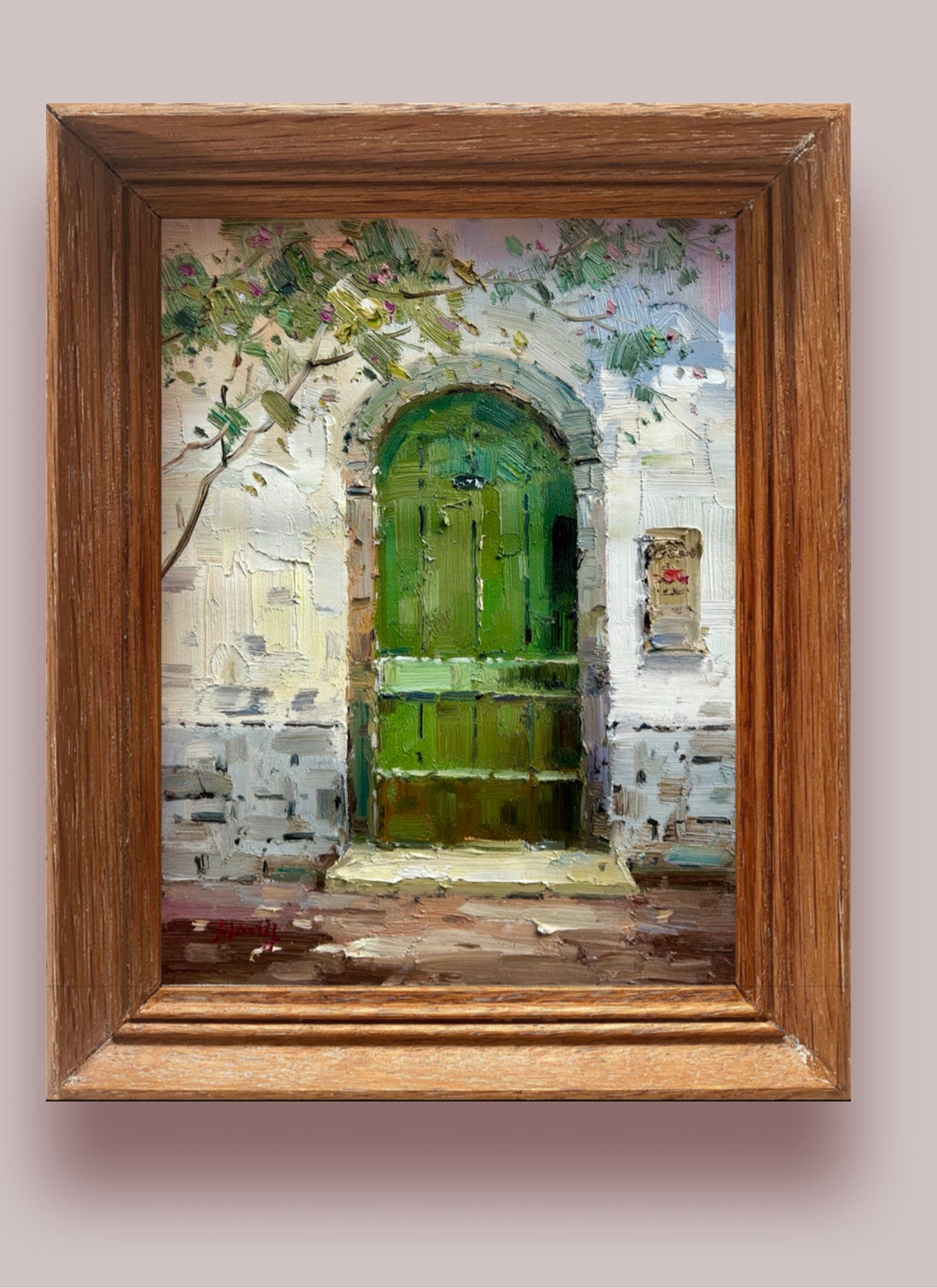 Green Arched Wooden Door Old White Wall Mediterranean Art Print