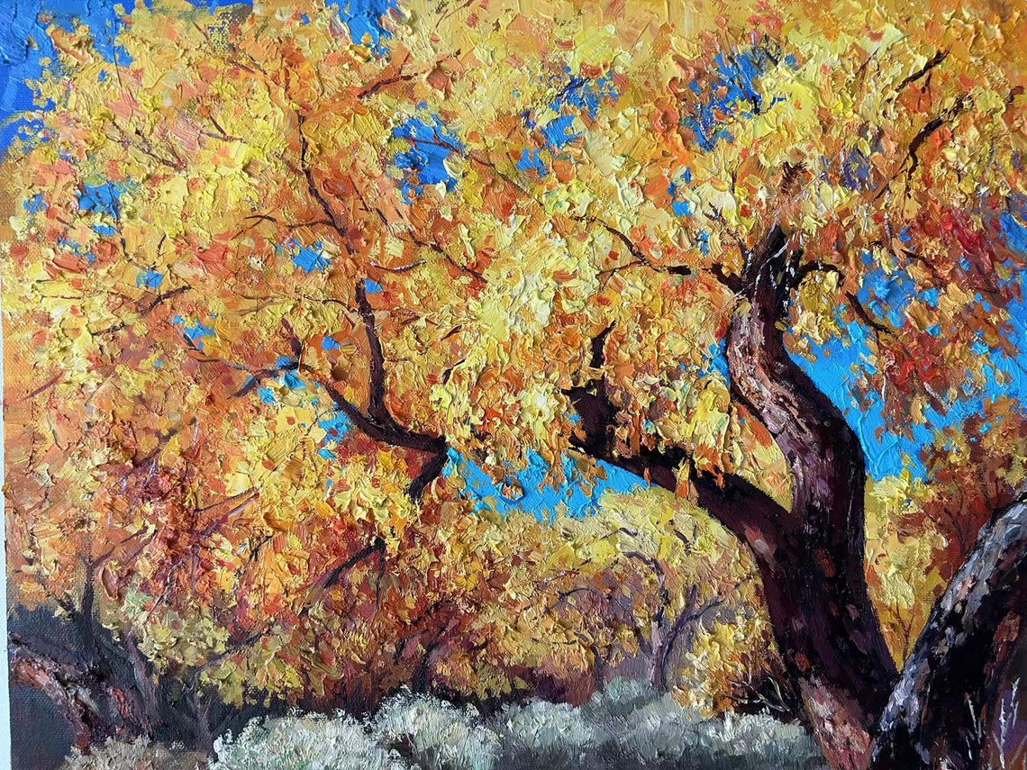 Golden Autumn Forest Path Bright Blue Sky Impasto Oil Painting Poster - Image 5