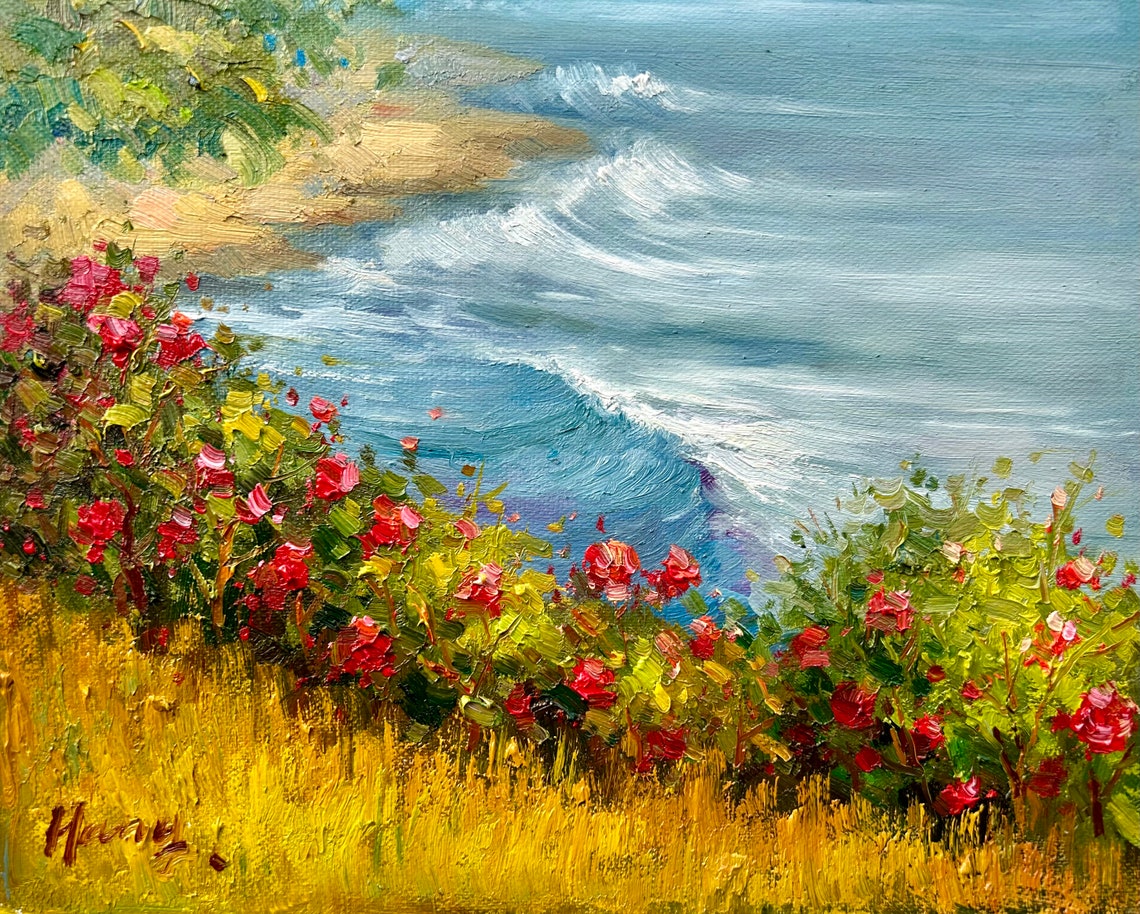 Tropical Coastline Red Flowers Sailboat Ocean View Oil Poster - Image 4