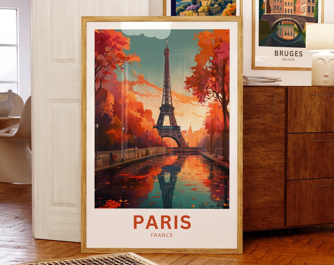 Paris France Eiffel Tower Autumn Canal Reflection Travel Poster - Image 5