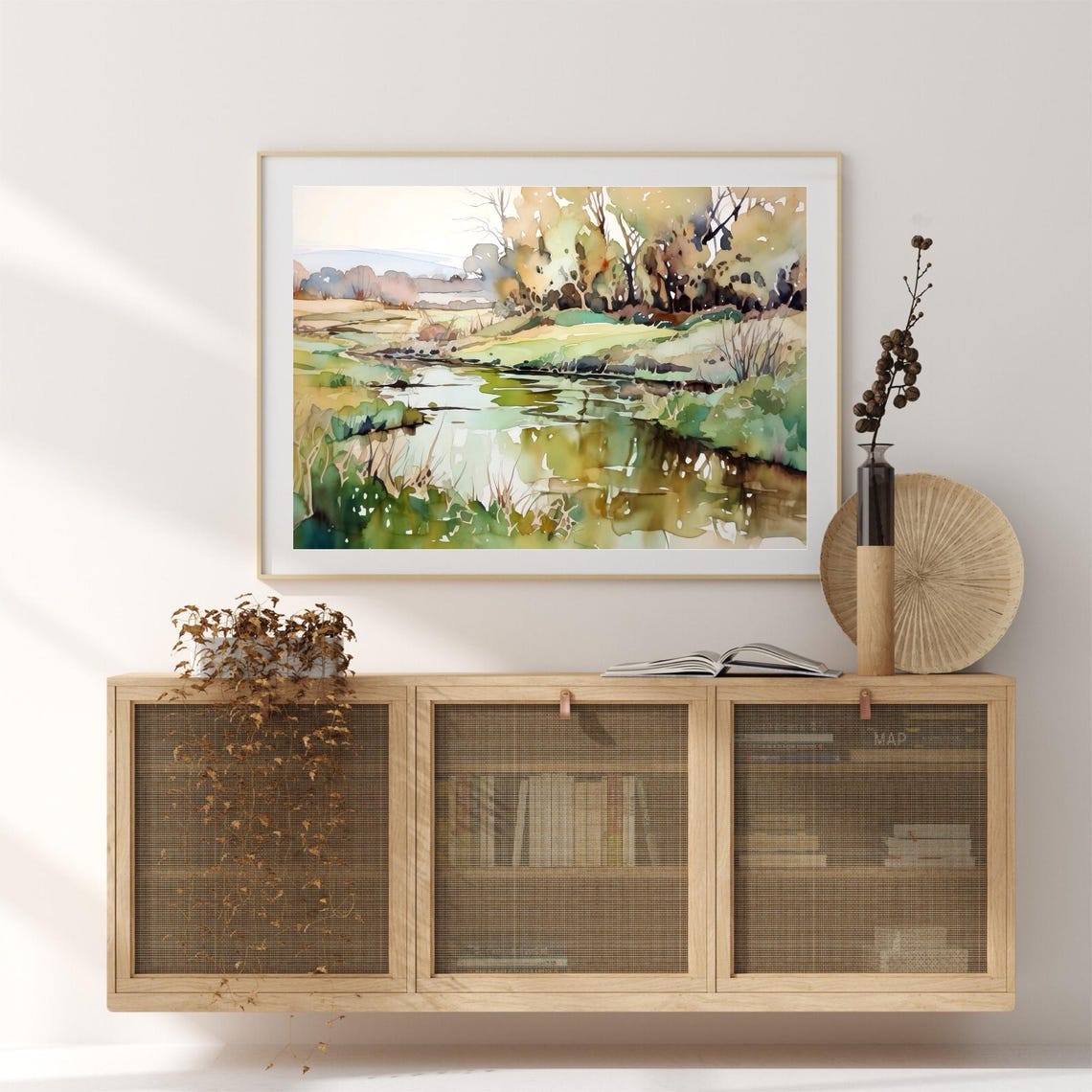 Rural River Winding Through Green Banks Watercolor Landscape Poster - Image 2