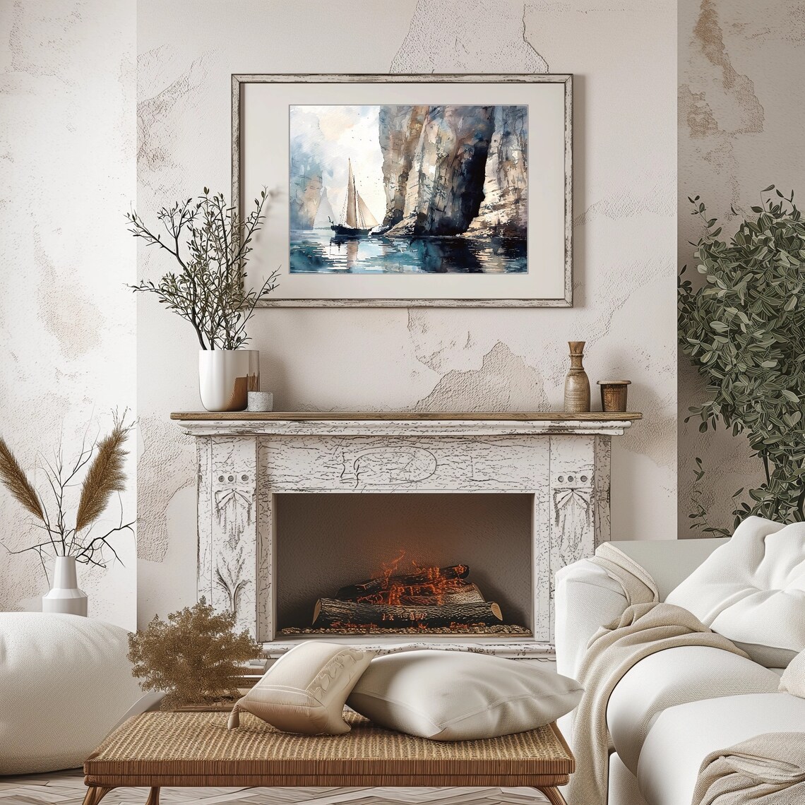 Sailboat Reflection Watercolor with Dark Cliffs and Teal Sea Poster - Image 3