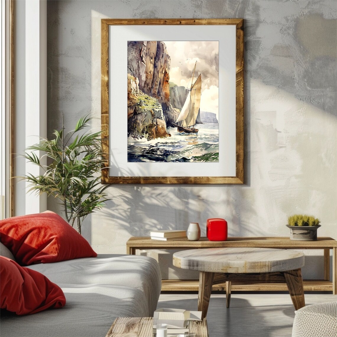 Irish Cliffs With Boat Sailing Watercolor Art Print - Image 4