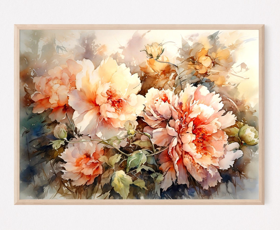 Cream White Peonies Garden Blooms Watercolor Floral Wall Poster
