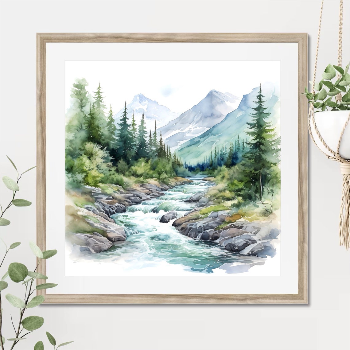 Mountain River Rapids Watercolor with Pines and Snowy Peaks Poster - Image 2