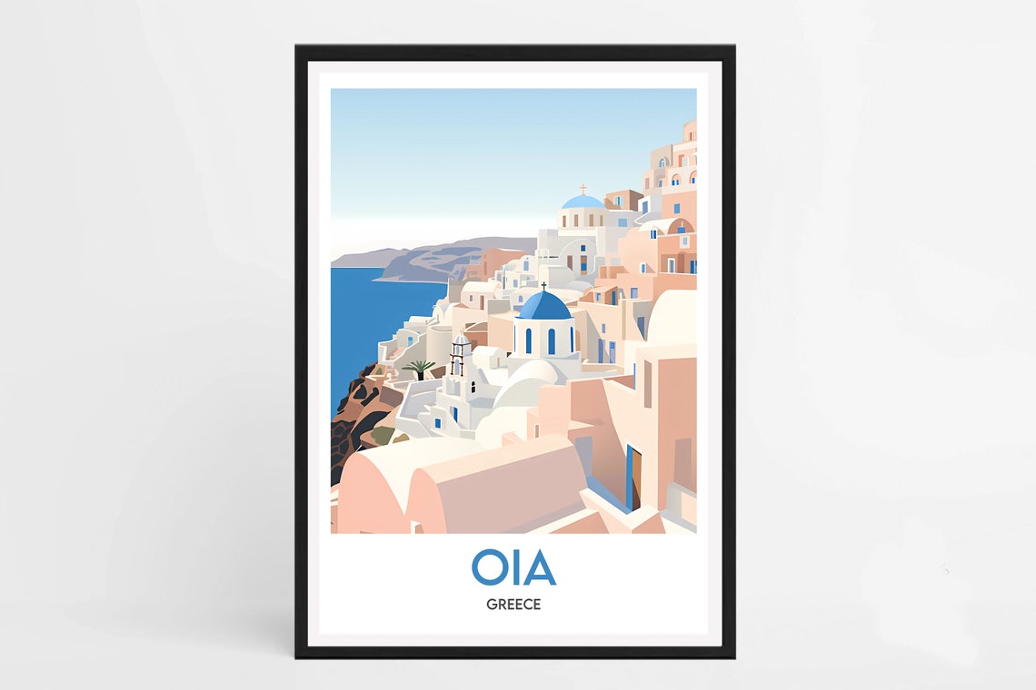 Oia Greece Santorini Pastel Village Blue Domes Cliffside Travel Poster