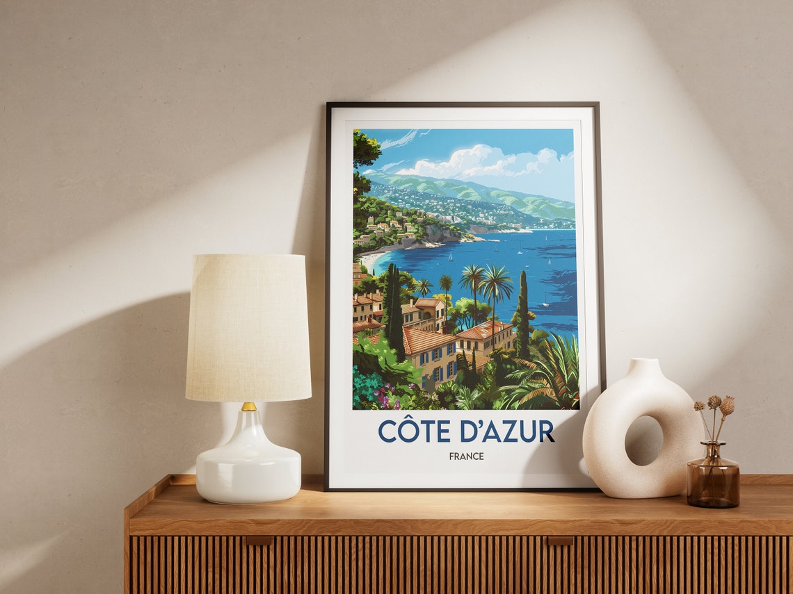 Sunny Cote d Azur France Riviera Bay Palms Blue Sea View Poster - Image 2