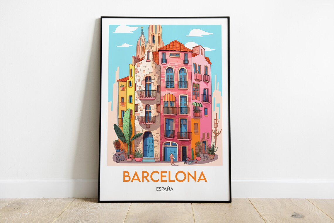 Barcelona Espana Colorful Street Facades Minimalist Travel Poster
