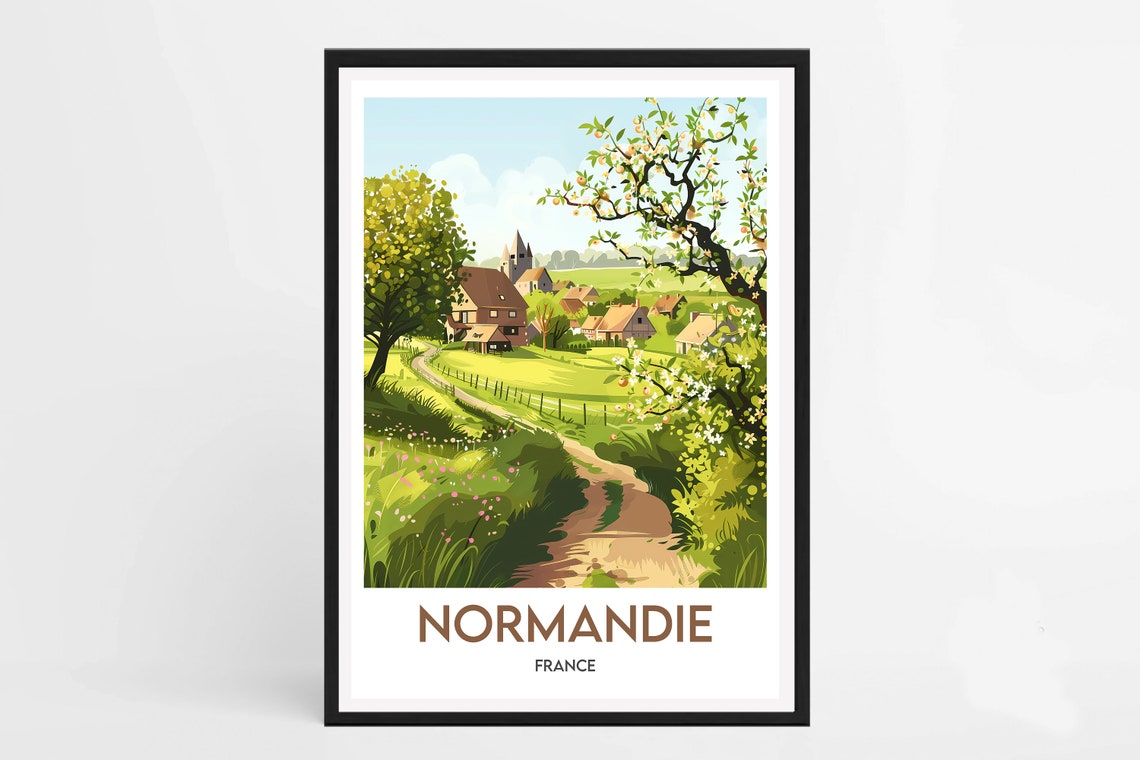Normandie France Spring Village Blossoming Trees Vintage Poster