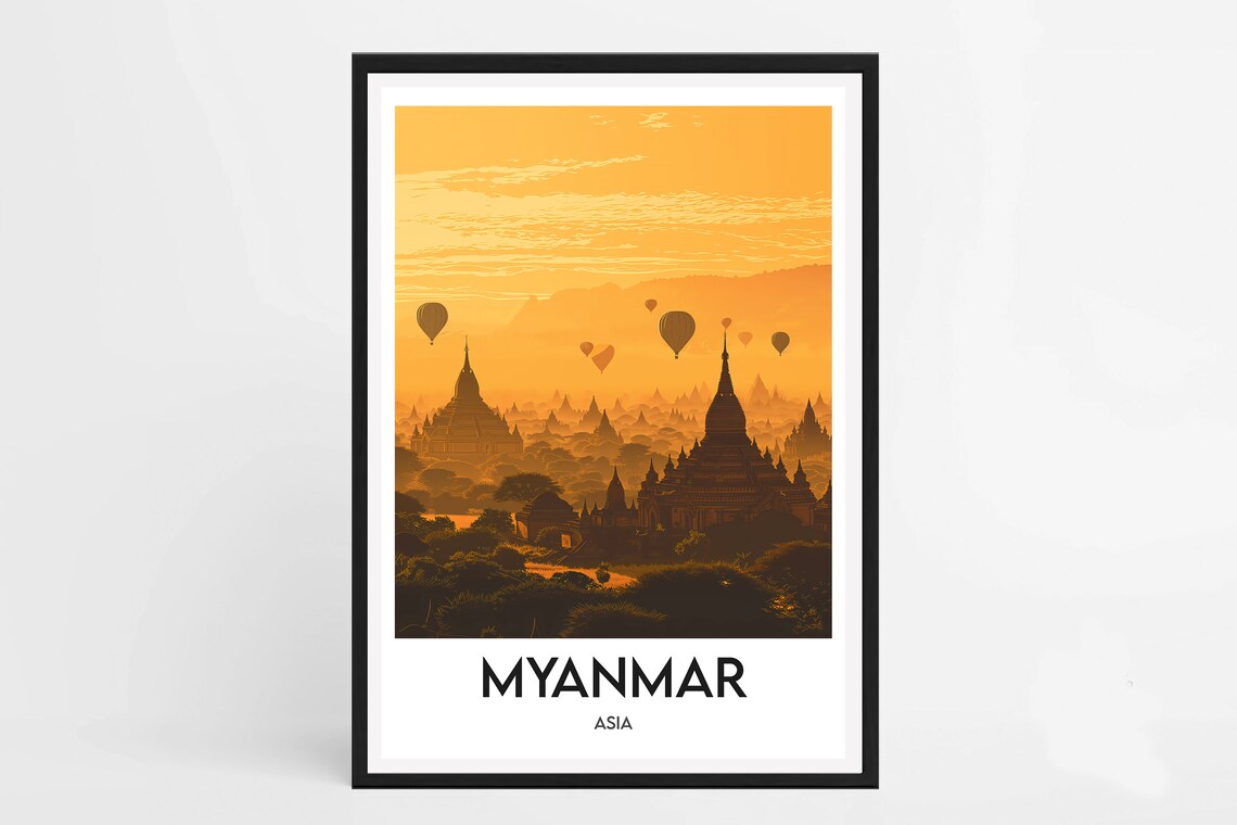Myanmar Asia Golden Temples Hot Air Balloons Sunrise Travel Poster