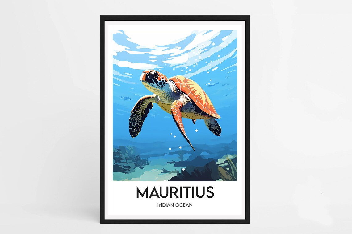 Mauritius Sea Turtle Coral Reef Indian Ocean Wildlife Poster Art