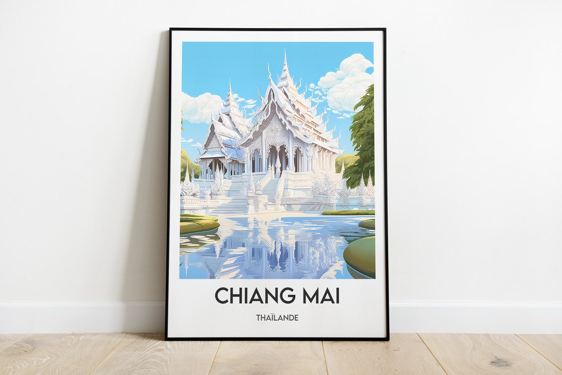 Chiang Mai Thailand White Temple Reflection Pond Travel Poster
