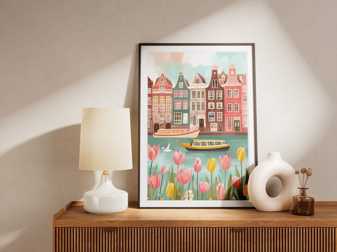 Amsterdam Canal Tour Boats Pink Yellow Tulips Waterfront Poster - Image 2