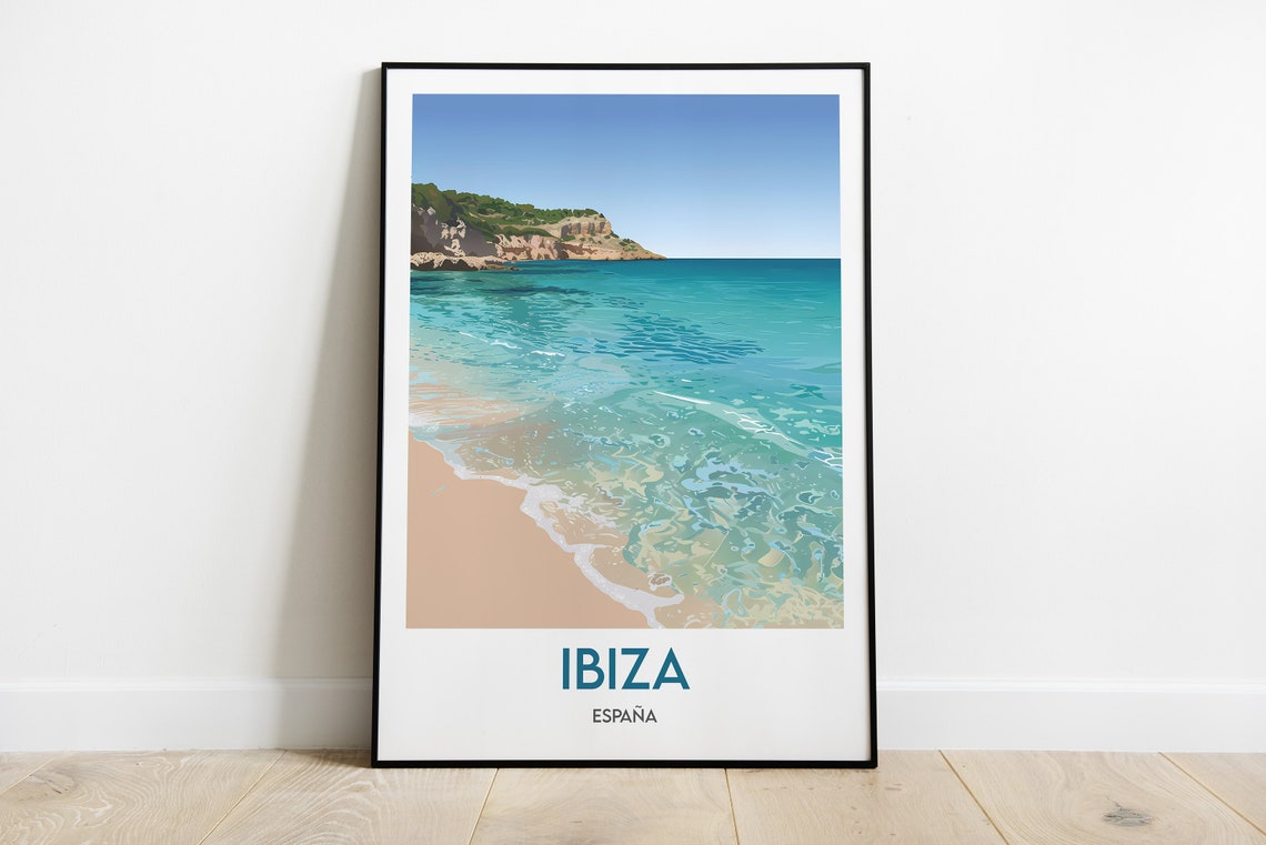 Ibiza Turquoise Cove Sandy Beach Cliffs Balearic Spain Travel Poster