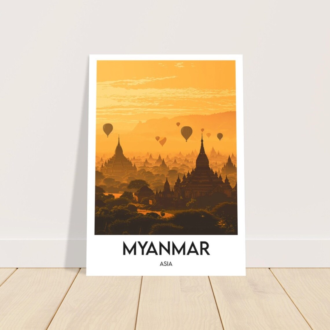 Myanmar Asia Golden Temples Hot Air Balloons Sunrise Travel Poster - Image 2
