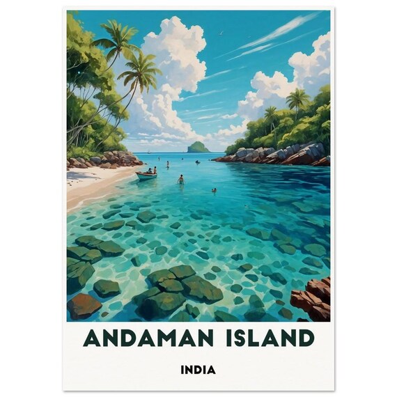 Andaman Island India Swimmers Turquoise Cove Palms Travel Poster