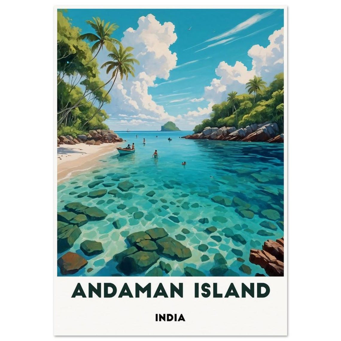 Andaman Island India Swimmers Turquoise Cove Palms Travel Poster