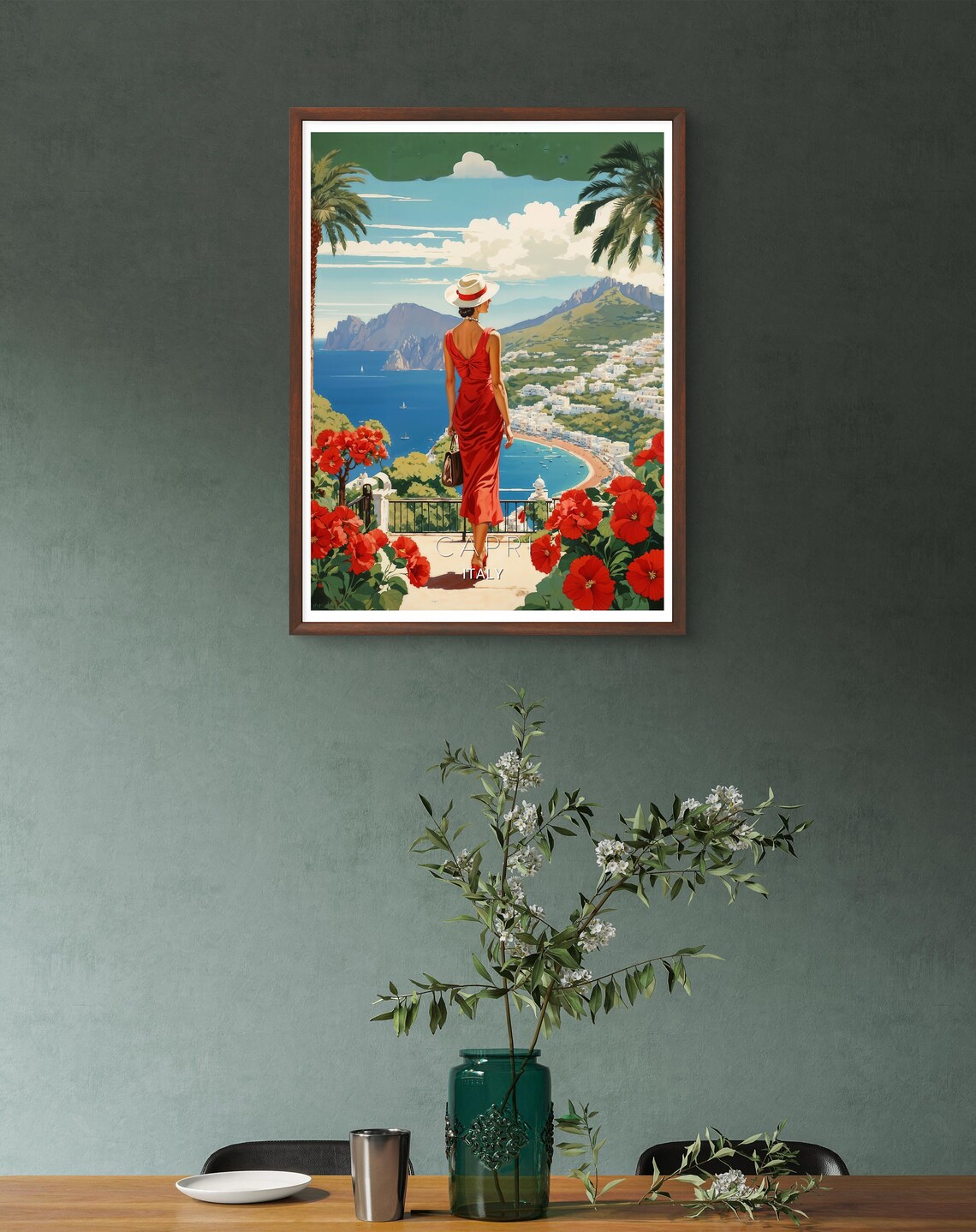 Capri Italy Vintage Woman Red Dress Bay View Retro Travel Poster - Image 2
