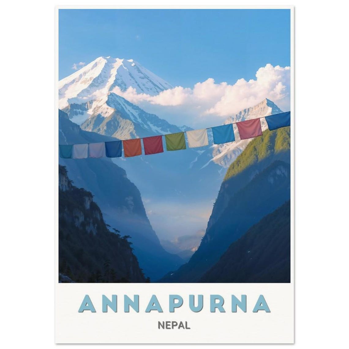 Annapurna Nepal Snow Capped Summit Prayer Flags Blue Sky Poster