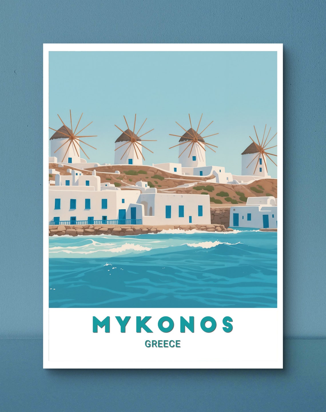 Mykonos Greece Iconic Windmills Whitewashed Village Sea Poster