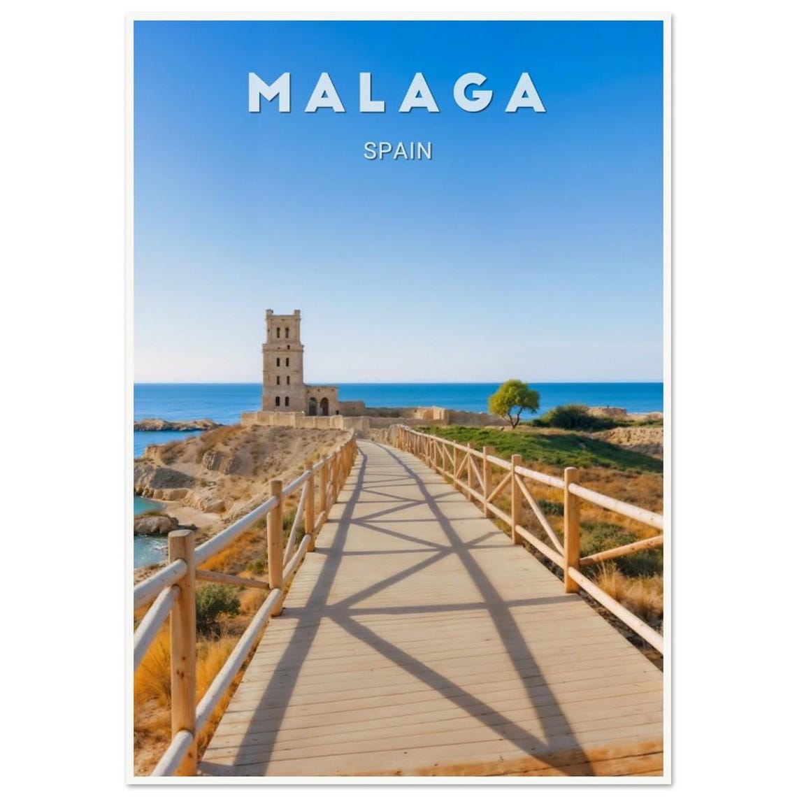 Malaga Spain Coastal Watchtower Boardwalk Sea Path Travel Poster