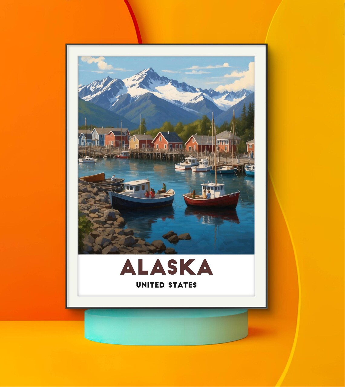 Alaska Fishing Village Harbor Boats Mountain Illustration Poster - Image 2