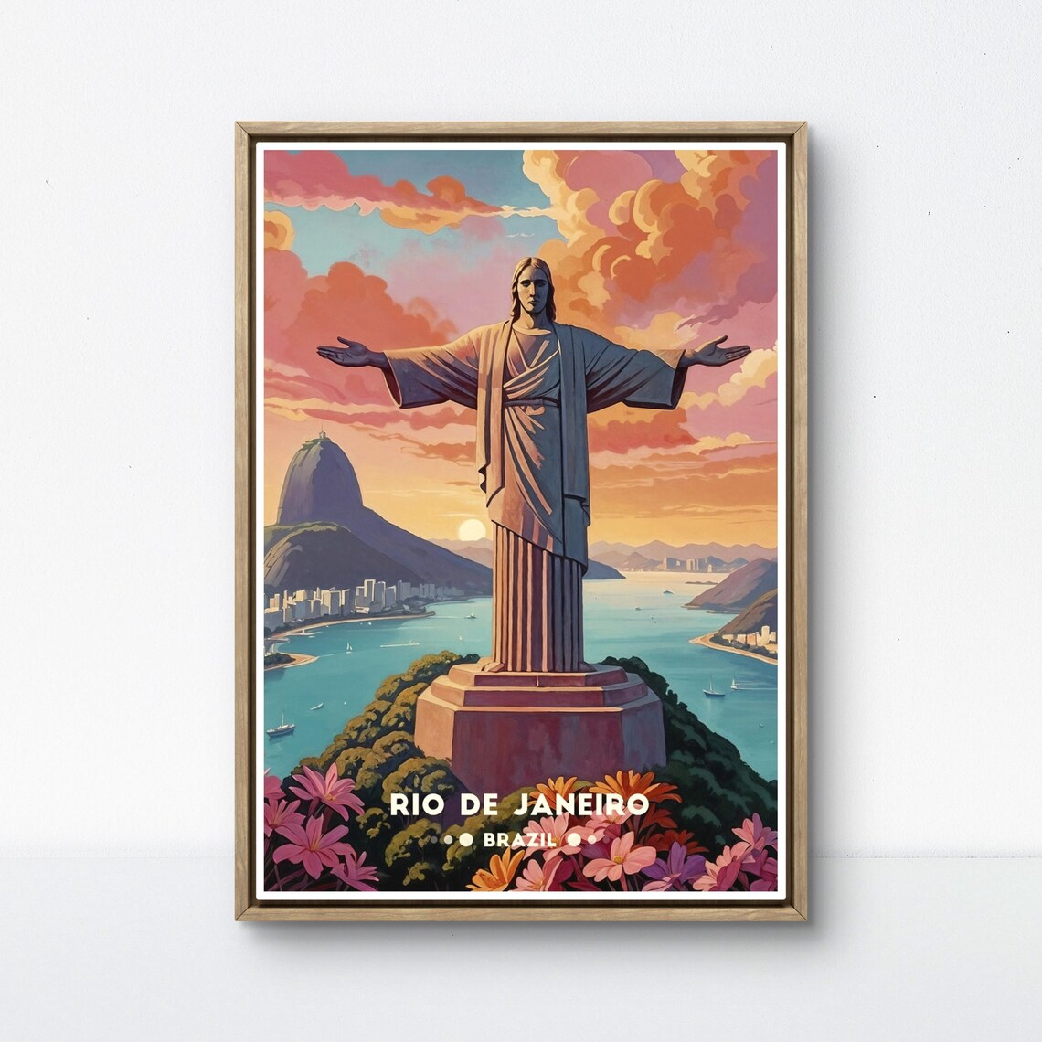 Rio de Janeiro Brazil Christ the Redeemer Sunset Vintage Travel Poster