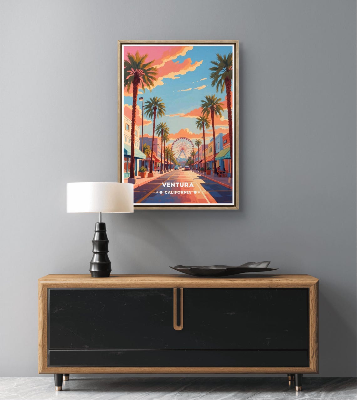 Ventura Poster California Street Art Coastal City Wall Decor Retro Ferris Wheel Print Ventura California Poster Palm Tree Street Scene - Image 2