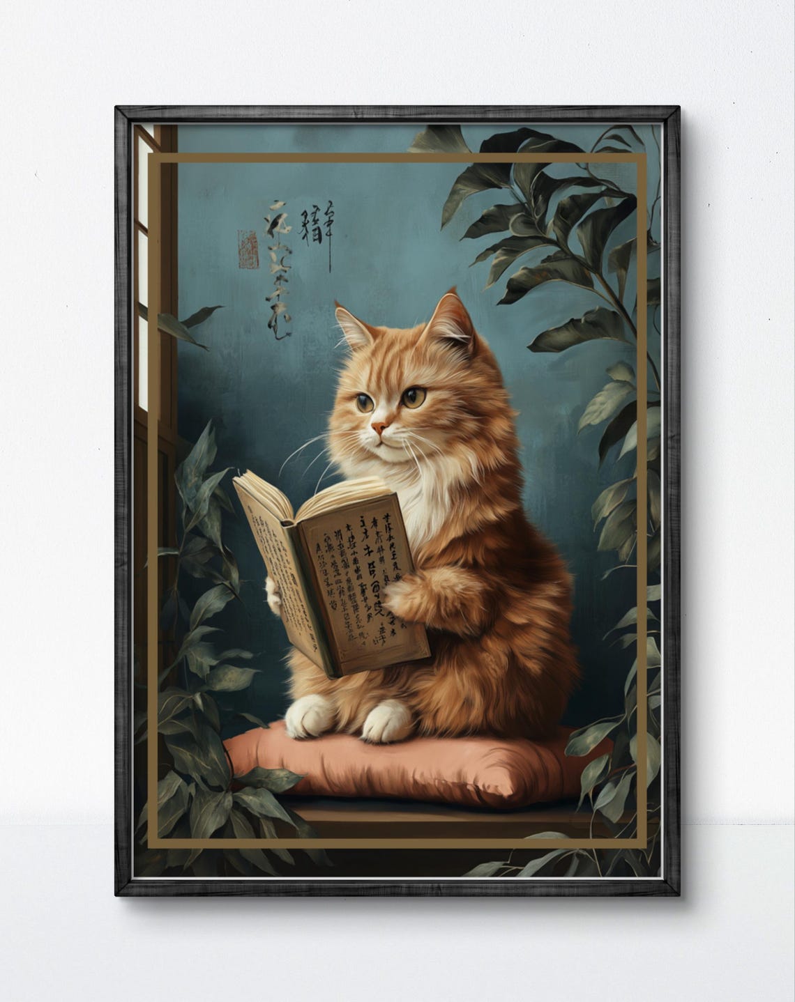 Orange Cat Reading Book Japanese Style Scholar Cat Art Poster