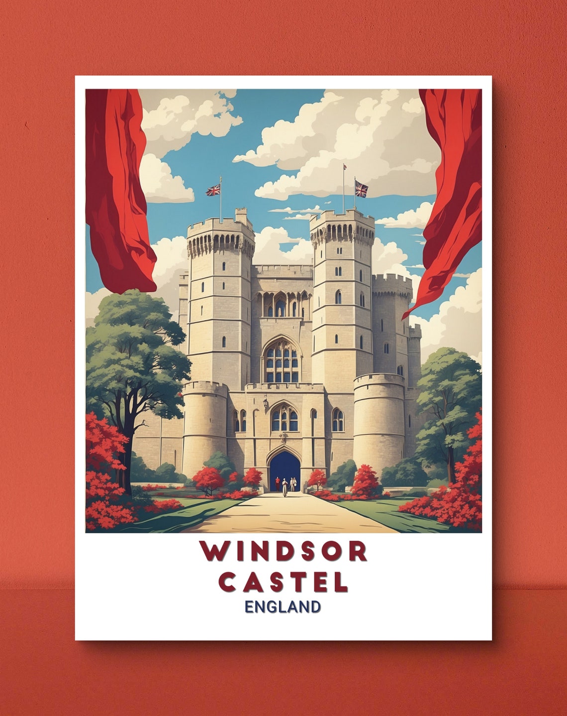 Windsor Castle England Classic Gate Red Trees Vintage Travel Poster