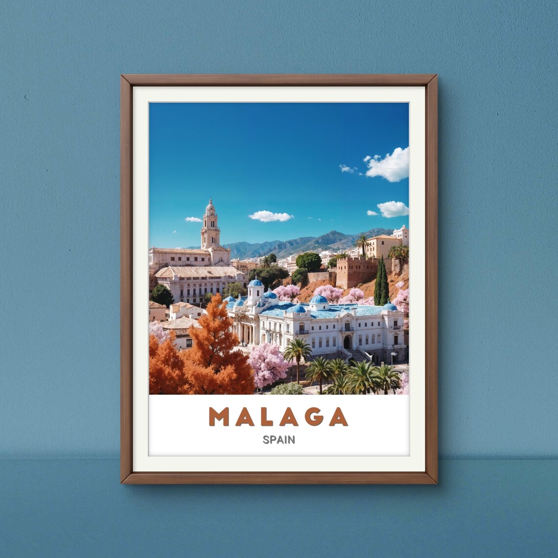 Malaga Spain Old Town Cathedral Blue Domes Blossom Travel Poster - Image 2