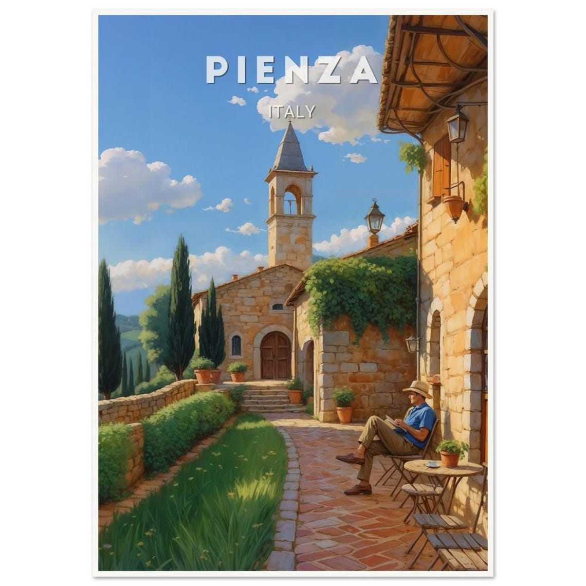Pienza Italy Stone Courtyard Man Reading Tuscan Alley Poster - Image 3