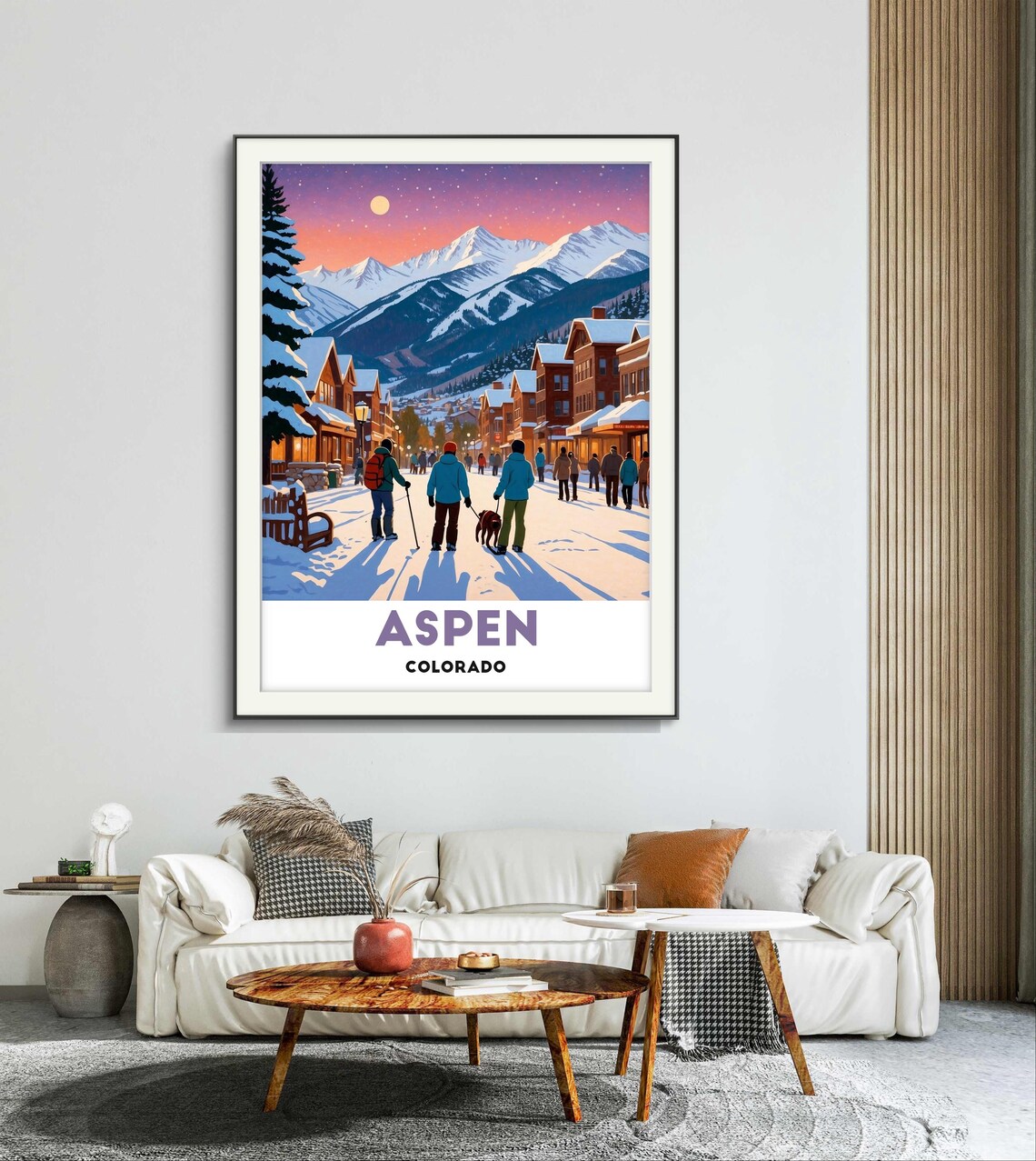 Aspen Colorado Winter Street Sunset Skier Village Scene Travel Poster - Image 2