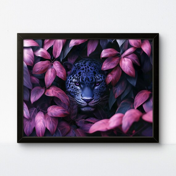Purple Leopard Among Magenta Leaves Bold Maximalist Jungle Art Poster