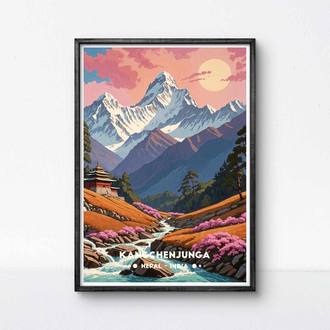 Kangchenjunga Sunset Monastery Stream Blossoms Nepal India Poster