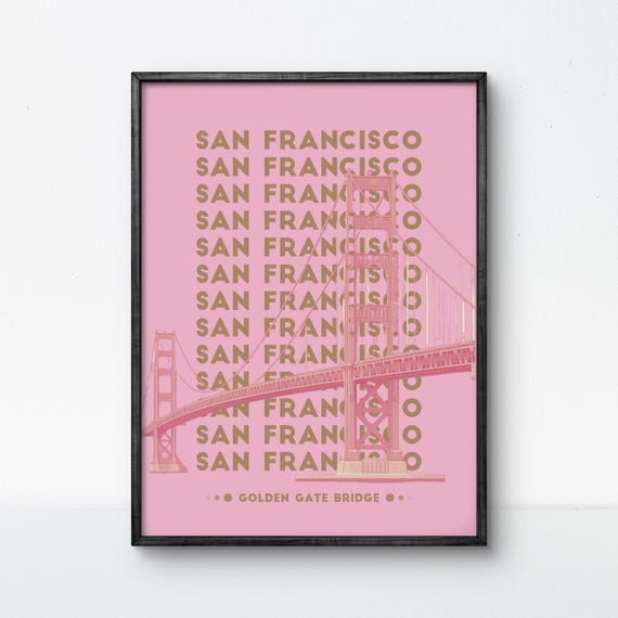 San Francisco Golden Gate Bridge Wall Art Pastel Pink Retro Style For Dreamy Decor