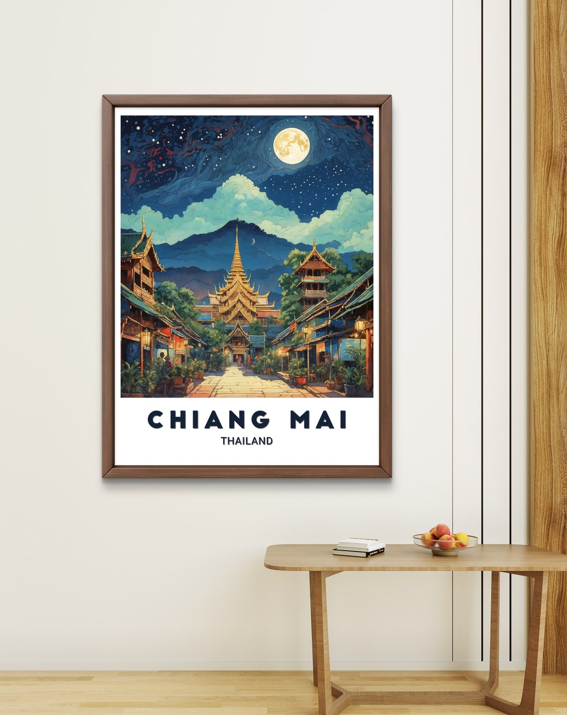 Chiang Mai Thailand Moonlit Temple And Old Street Travel Poster - Image 3
