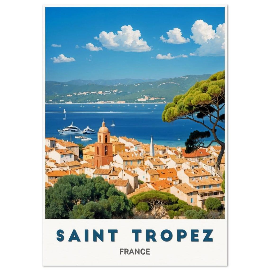 Saint Tropez France Harbor Yachts Vintage Mediterranean Travel Poster
