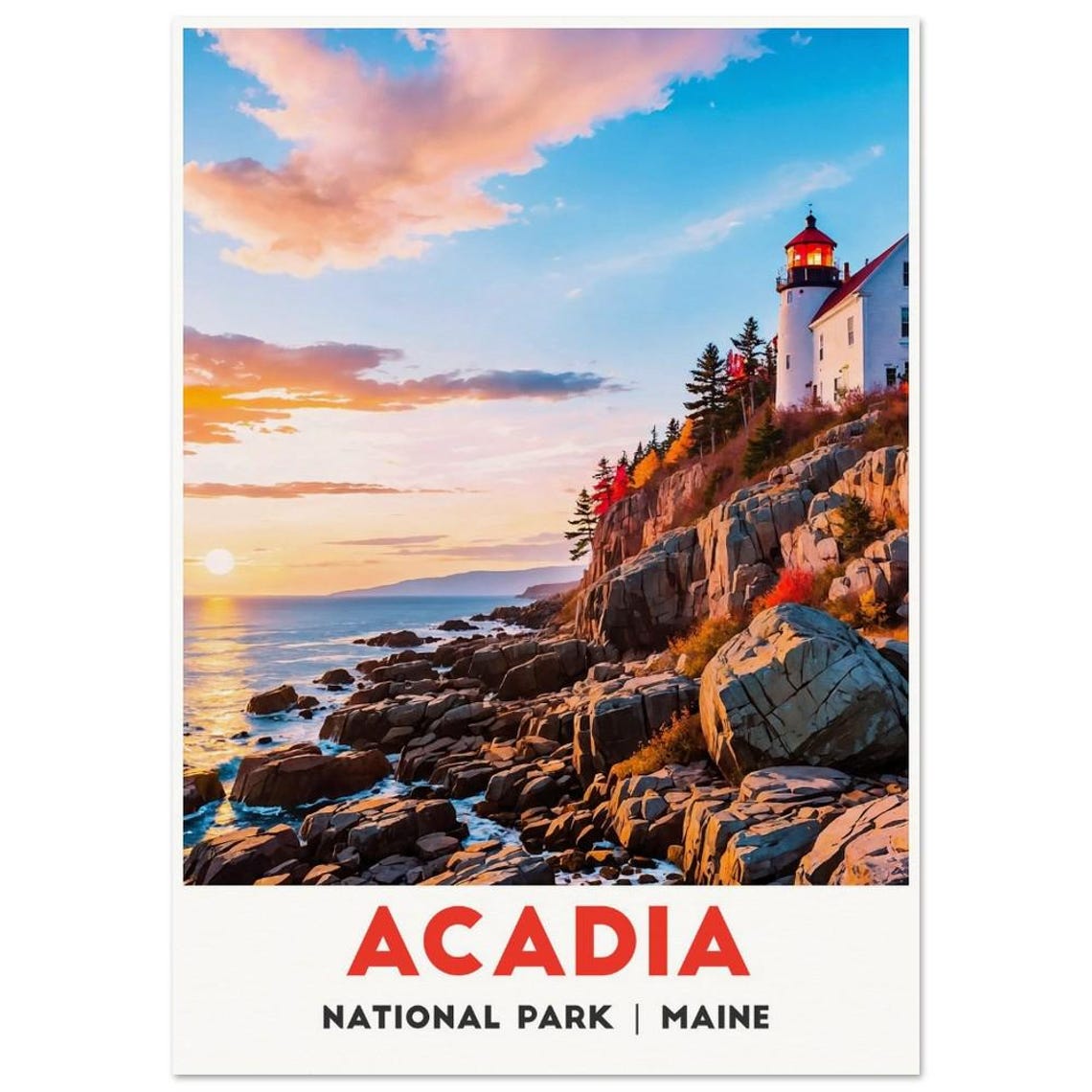 Acadia Maine Bass Harbor Head Lighthouse Sunset Coastal Poster - Image 3
