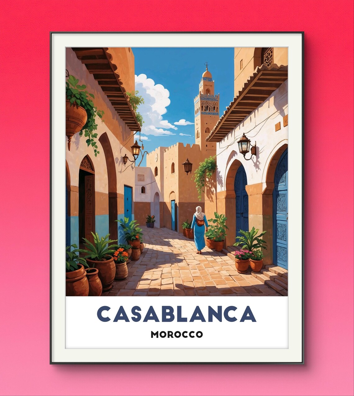 Casablanca Morocco Old Town Street Minaret Travel Art Poster - Image 2