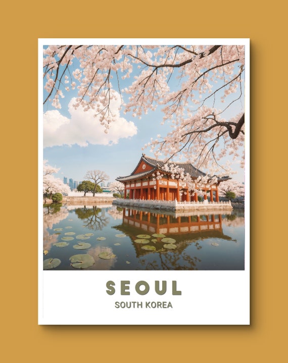 Seoul Poster Serene Cherry Blossom View Traditional Architecture Perfect For Tranquil Home Decor