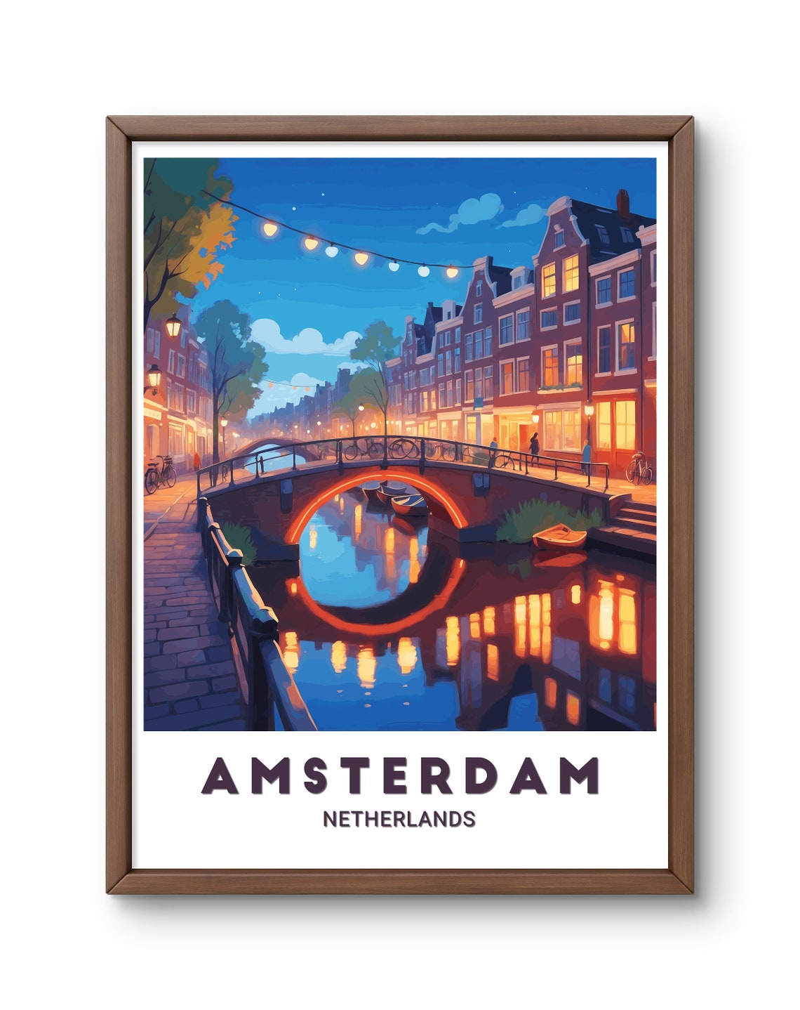 Amsterdam Canal Bridge Night Lights Netherlands Travel Poster