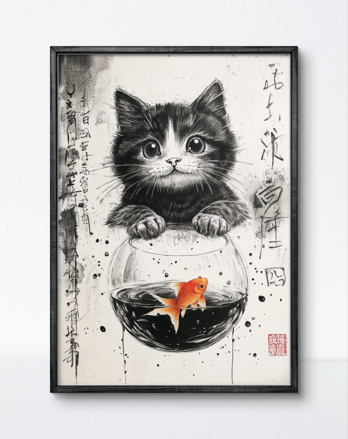 Kitten With Goldfish Bowl Japanese Ink Wash Cute Feline Poster