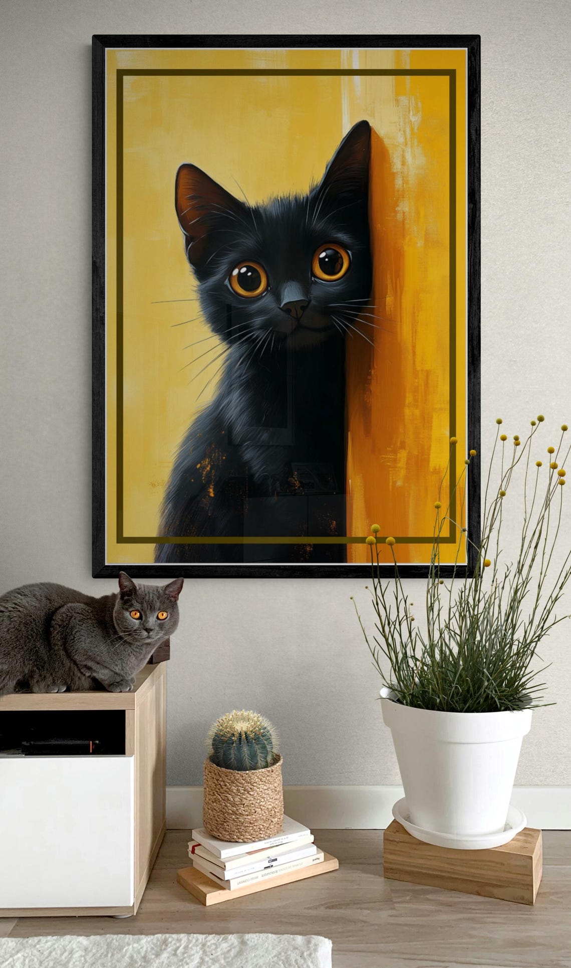 Black Cat Peeking Against Golden Yellow Painted Backdrop Poster - Image 2
