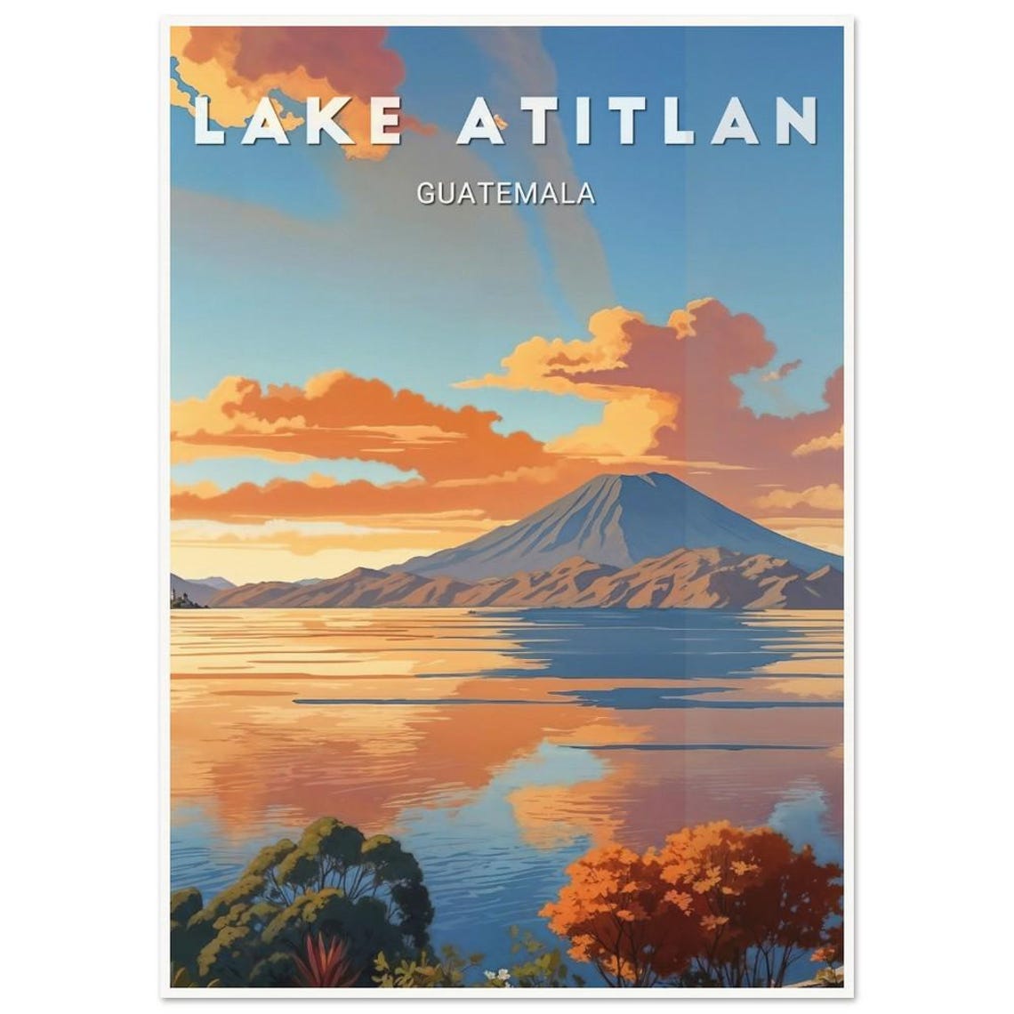 Lake Atitlan Volcano Sunset Reflection Guatemala Travel Poster - Image 2