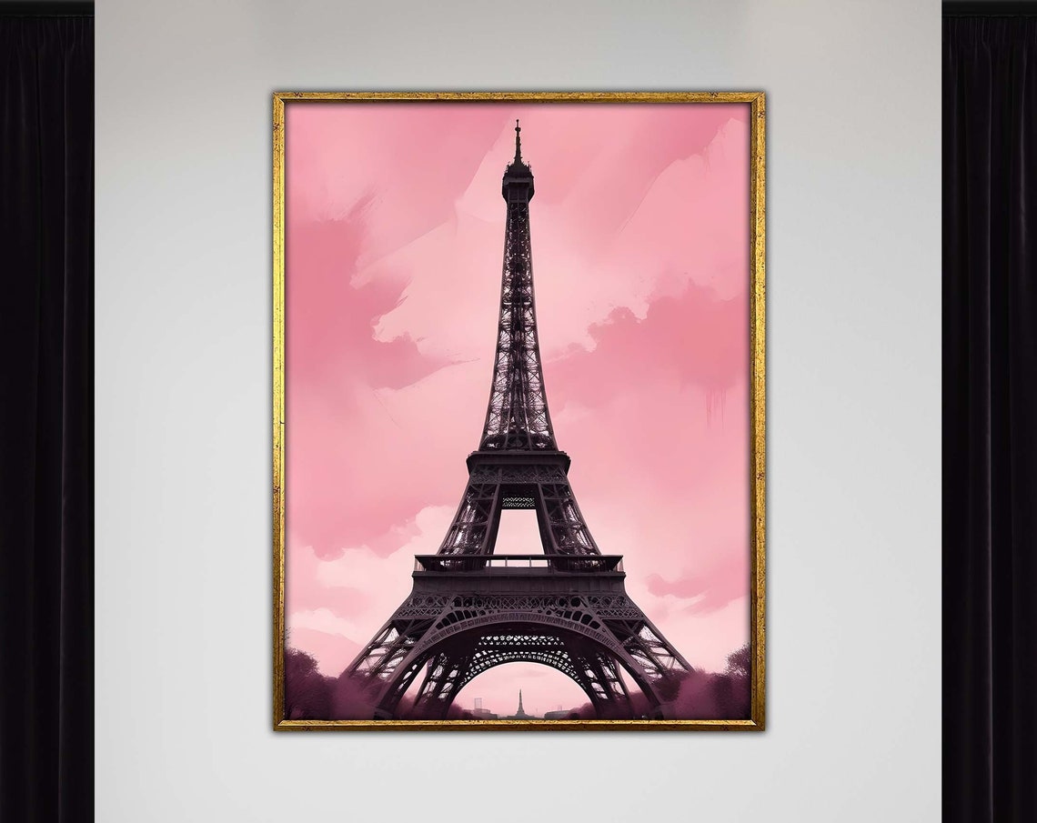 Pink Eiffel Tower Paris Watercolor Sky Romantic French Art Poster