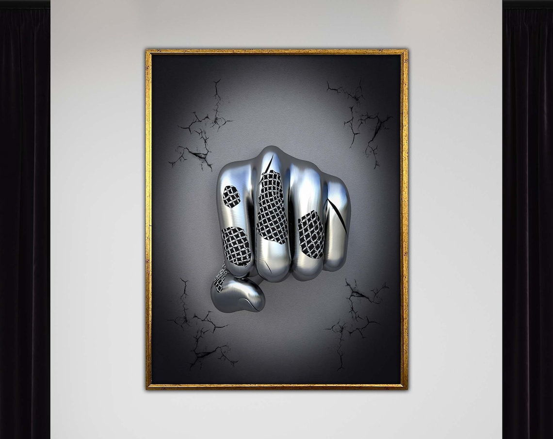 Silver 3D Fist Modern Sculpture Poster Bold Masculine Wall Decor