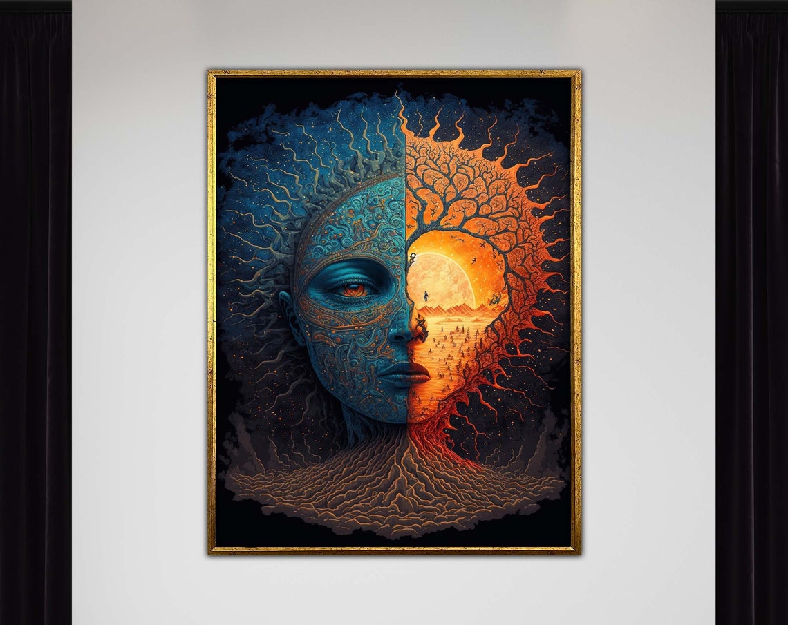 Seasons Wall Decor Mystical Duality Portrait With Sun And Moon Enigmatic Art Canvas In Intricate Details