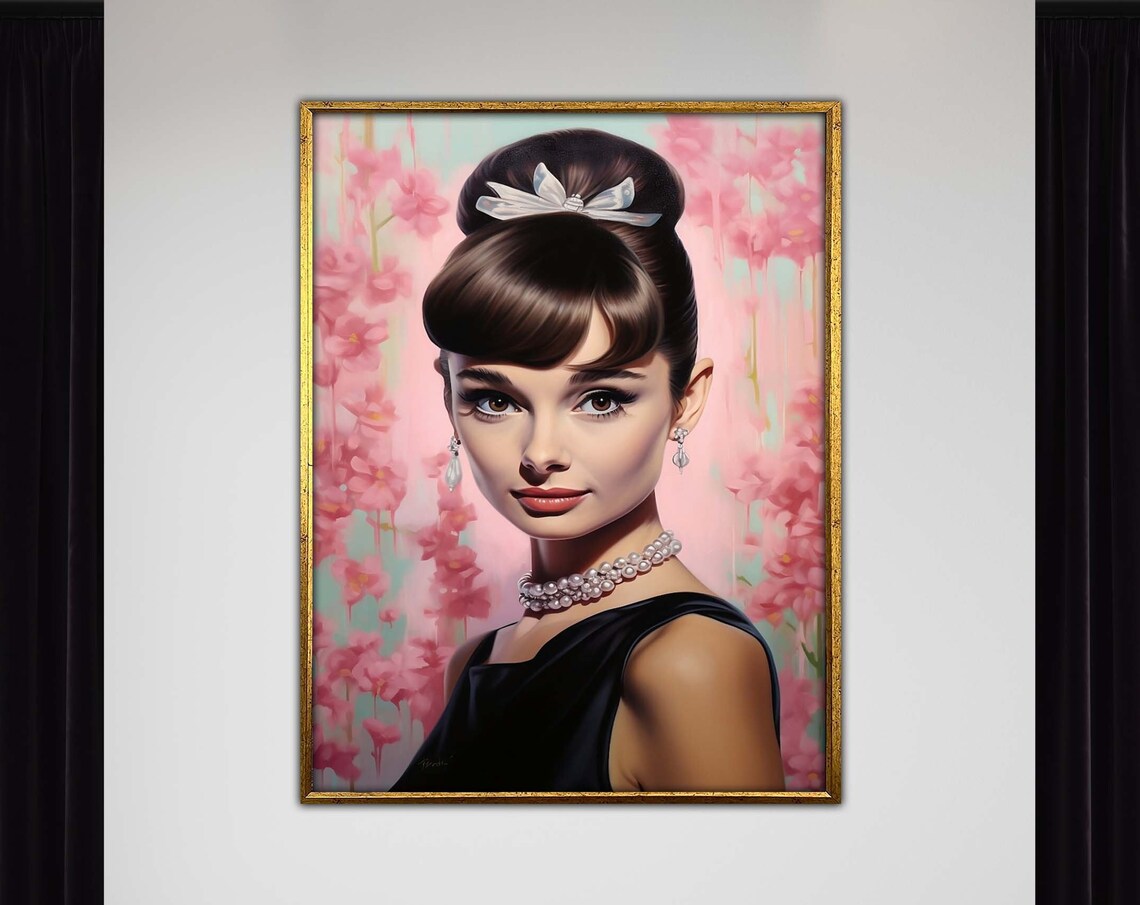 Audrey Hepburn Glam Portrait Pink Cherry Blossom Painting Poster